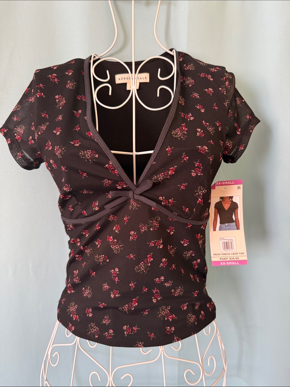 Aeropostale Black Mesh Crop Top with Pink Floral Print